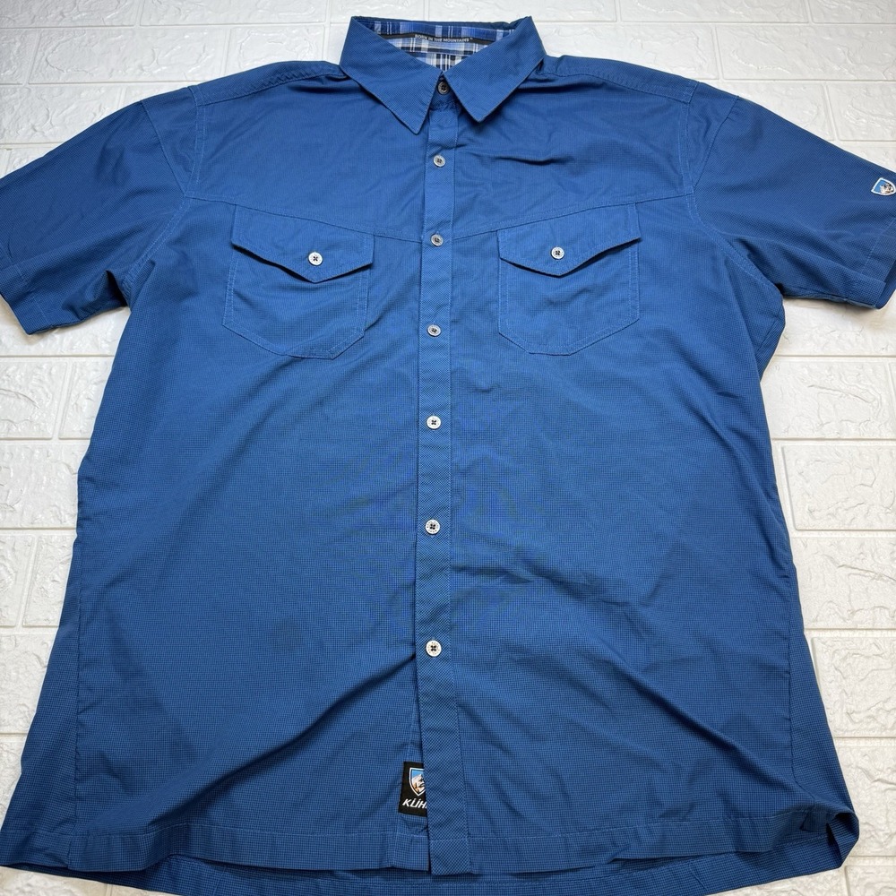 Kuhl Eluxur Shirt Mens Large Blue Ionik Short Sleeve Metal Button Up Outdoors